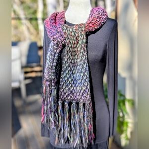 Soft Handknit Multicolor Scarf with Long Fringe
